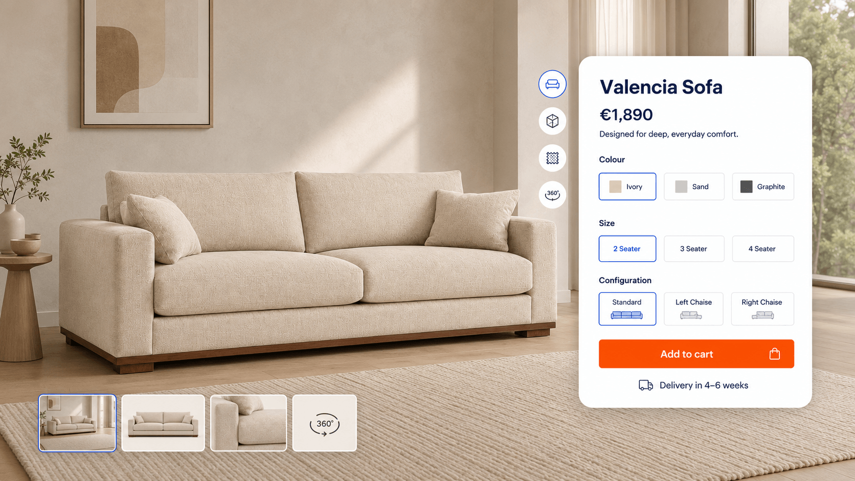Ixaria design-centric furniture product page for the Valencia sofa with lifestyle imagery, colour size and configuration options, delivery estimate and add to cart