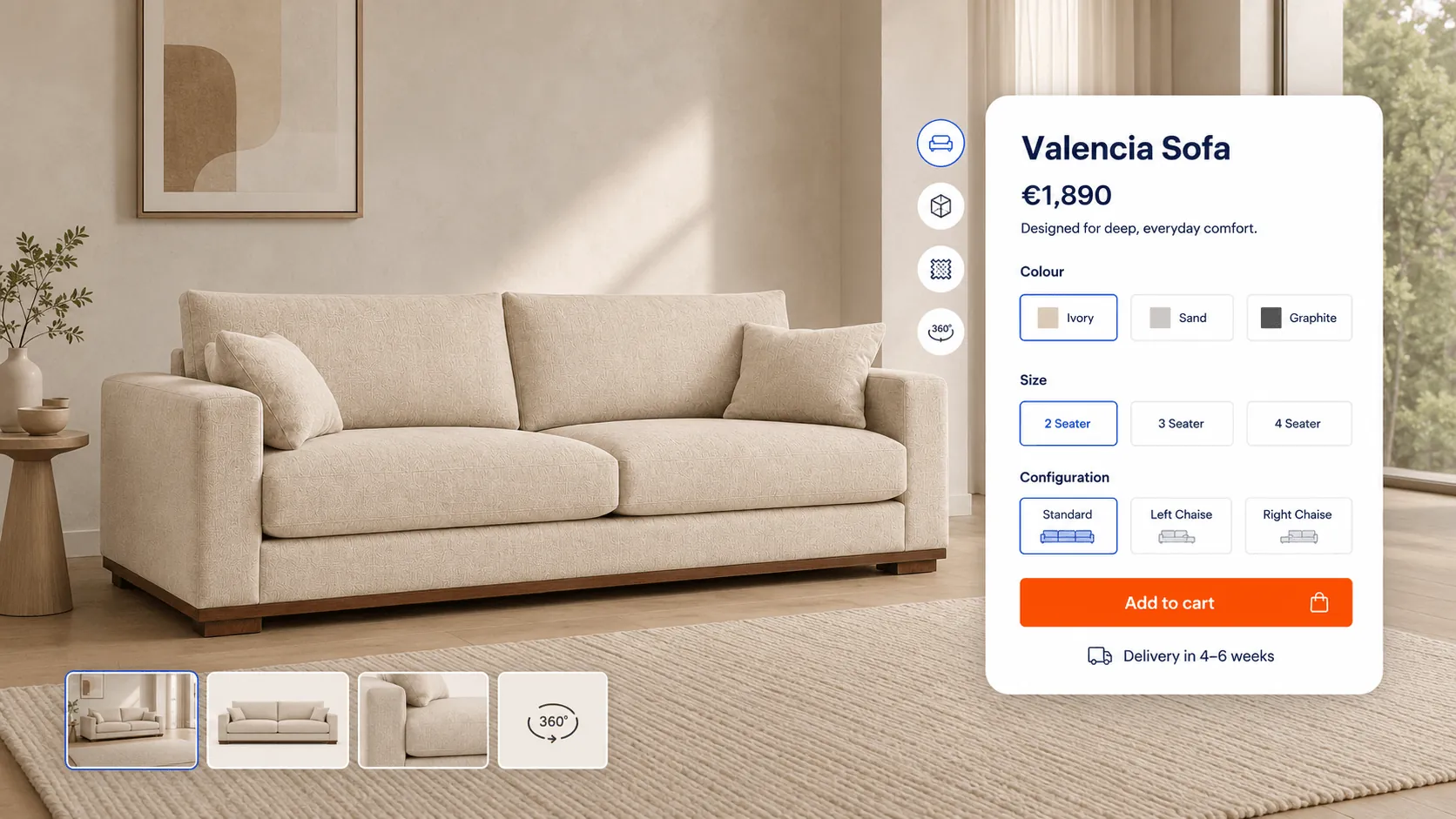 Ixaria design-centric furniture product page for the Valencia sofa with lifestyle imagery, colour size and configuration options, delivery estimate and add to cart