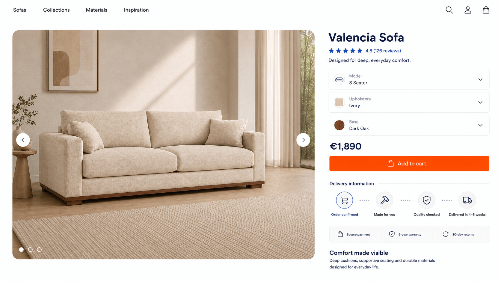 Ixaria options-centric furniture product page for the Valencia sofa highlighting model, upholstery and base choices with reviews, delivery timeline and trust badges