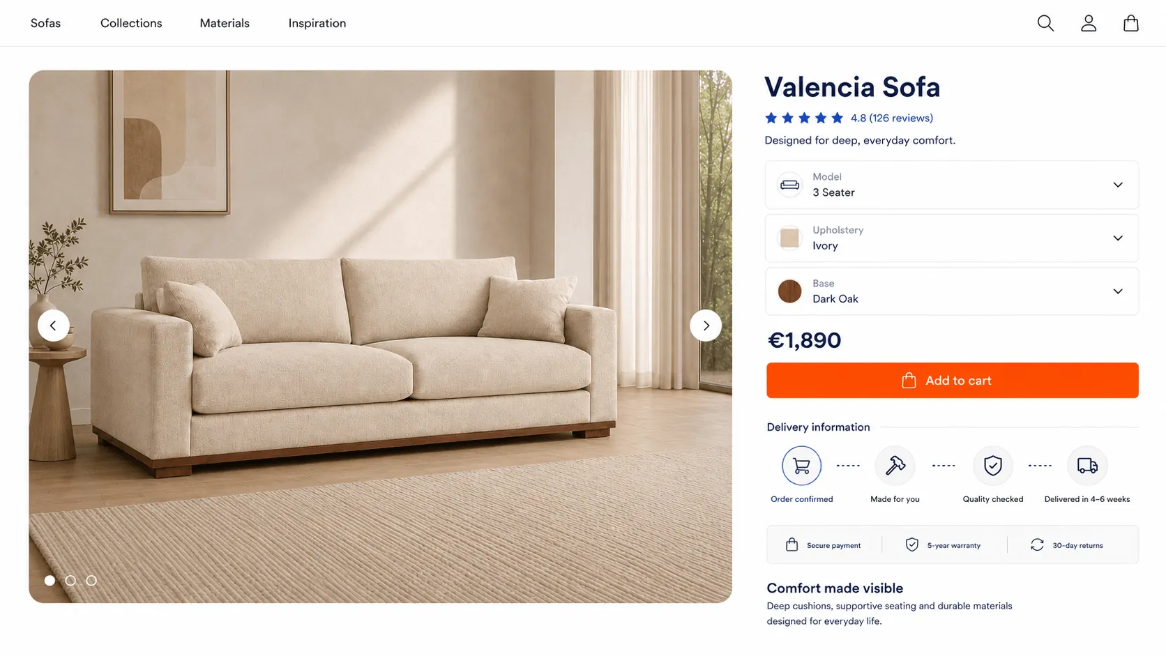 Ixaria options-centric furniture product page for the Valencia sofa highlighting model, upholstery and base choices with reviews, delivery timeline and trust badges