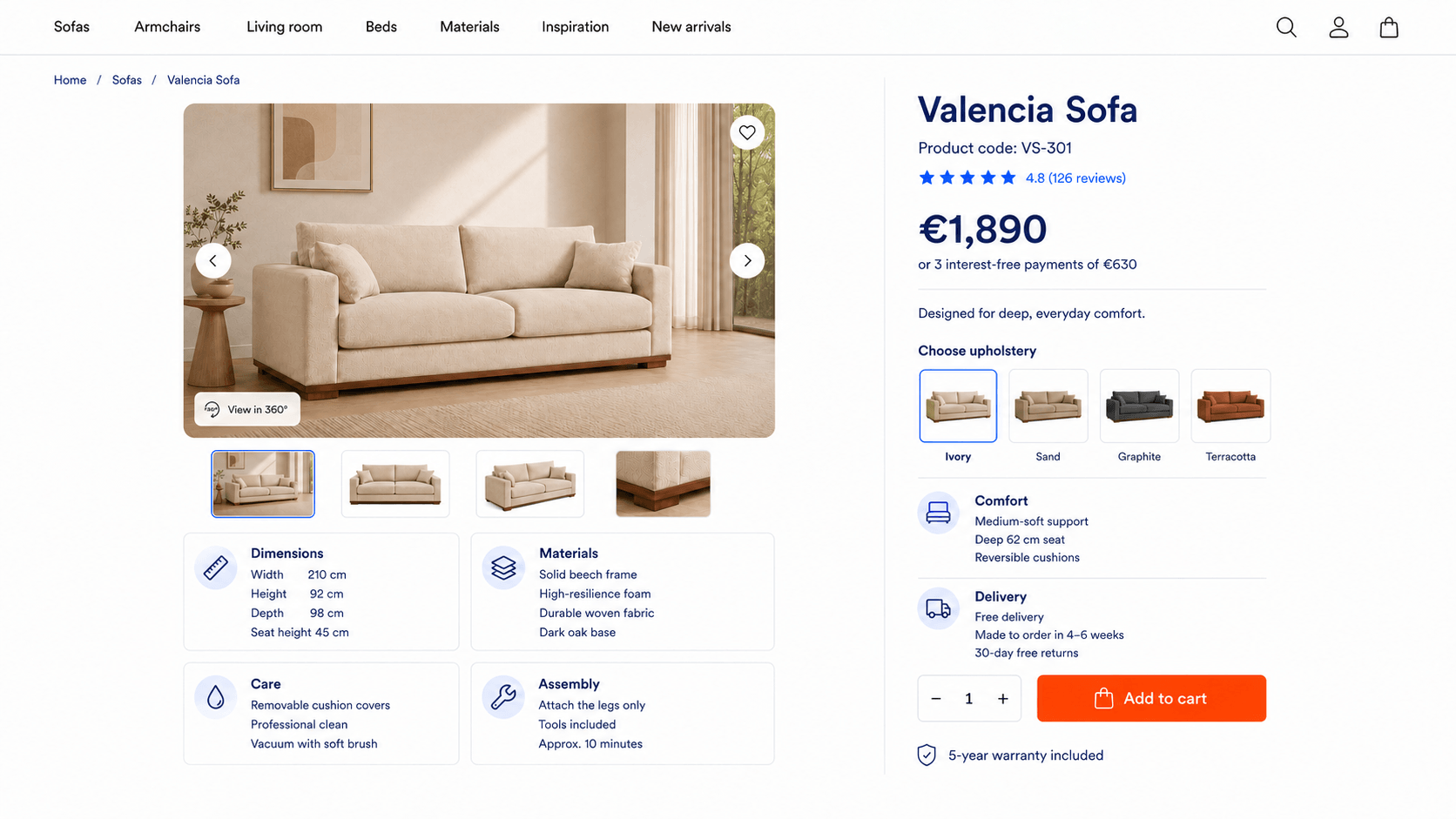 Ixaria features-centric furniture product page for the Valencia sofa showing key features, dimensions, materials, care information and product details