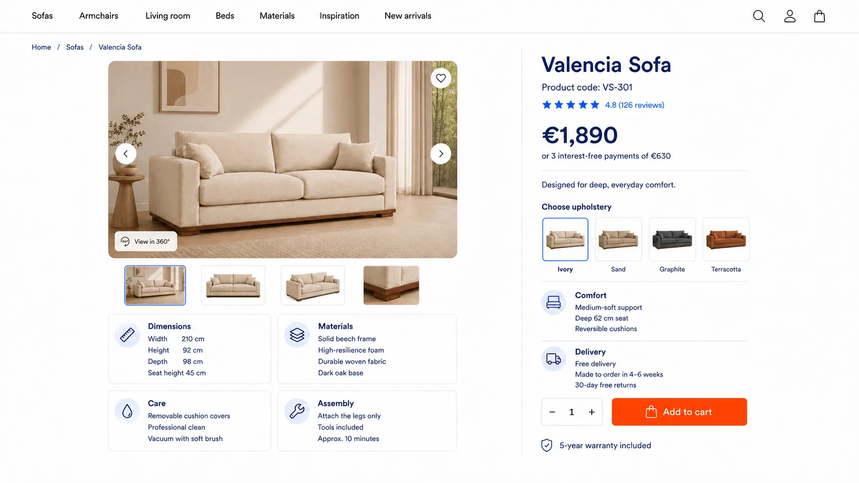 Ixaria features-centric furniture product page for the Valencia sofa showing key features, dimensions, materials, care information and product details