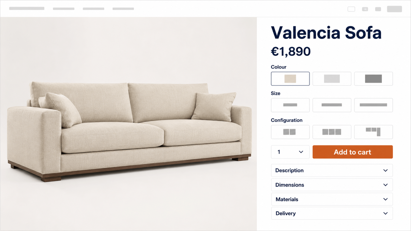 Static furniture product page for a Valencia sofa showing a single studio photo, colour and size options, and accordion sections for description, dimensions, materials and delivery